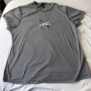 Gray Striped T-Shirt with Pink Butterfly Logo